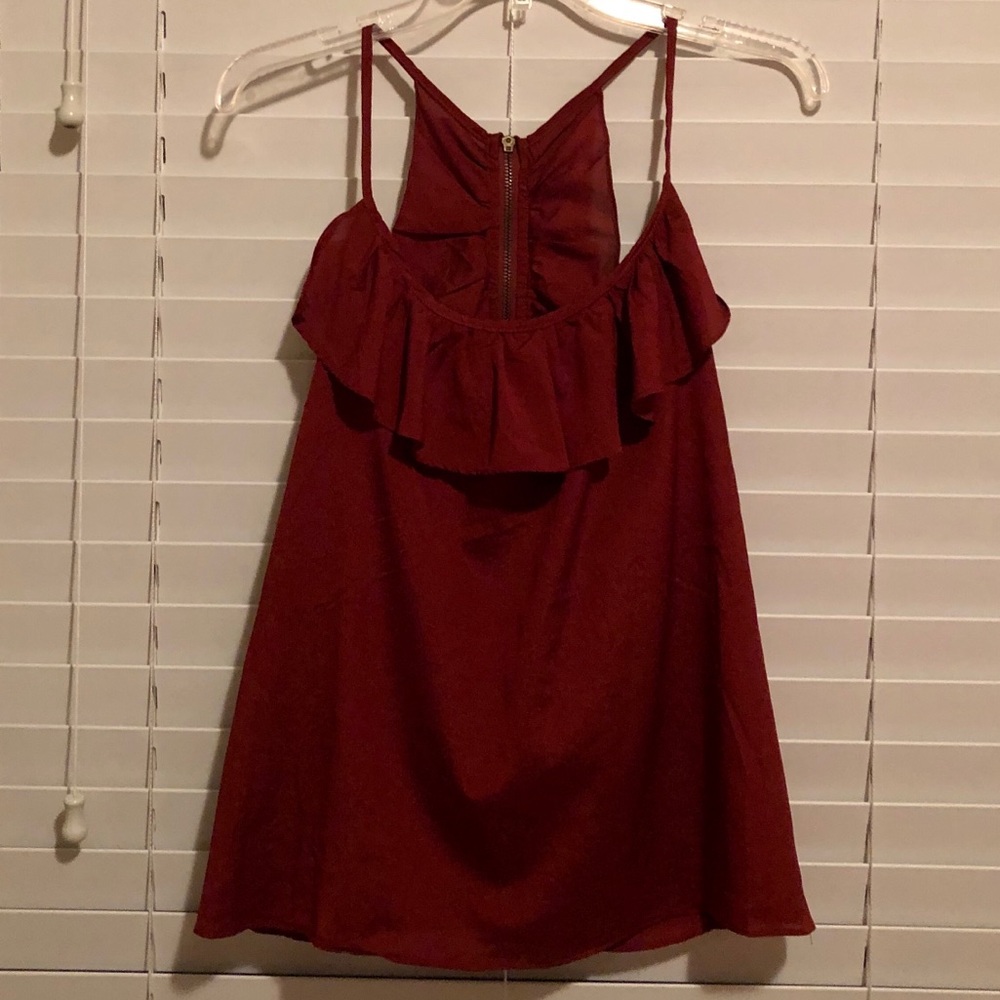 Rust red-orange ruched sleeveless blouse